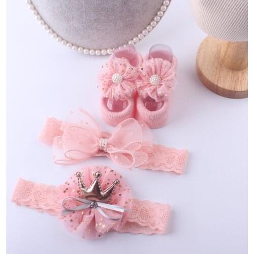 Newborn Baby Girl Cartoon Anti-slip Sock Shoes Cute Crown Bow Lace Headband Flowers Floor Slippers