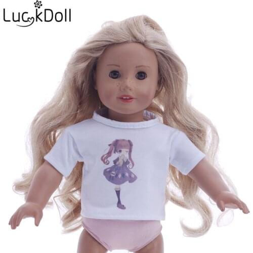 Luckdoll the New doll clothing white T-shirt printing fit 18inch doll, doll accessories