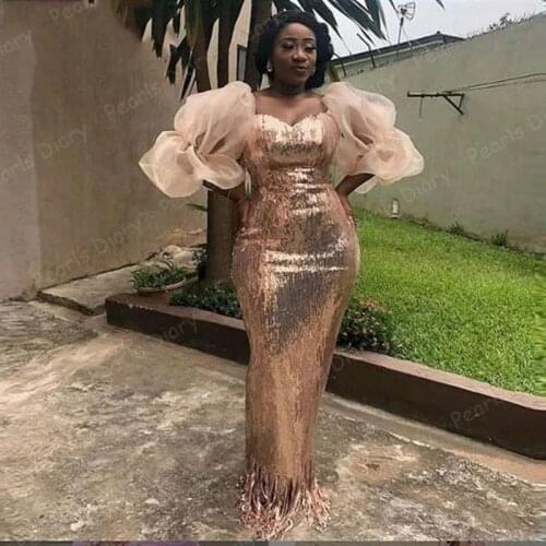 Newest Rose Gold Sequin African Evening Dresses 2021 Dubai Mermaid Long Prom Dress Plus Size Formal Dress Party Gowns Vestidos