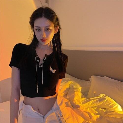 Summer 2021 new hot girl short slim top V-neck strap butterfly short-sleeved black T-shirt female clothes vintage E-gril tops