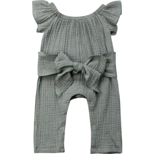 New Summer Kids Baby Girl Toddler Romper Ruffles Short Sleeve Solid Bow Sashes Jumpsuits Trousers Outfits Clothes Green