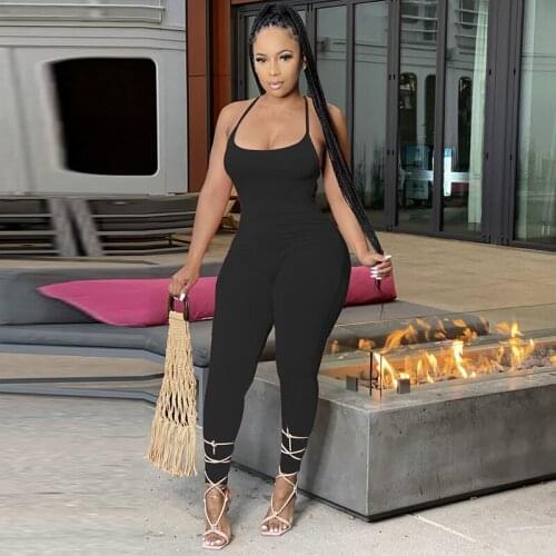 New Solid High Elastic Bodycon Halter Women Long Jumpsuits Skinny Backless Sleeveless Workout Overalls Sportswear Basic Jumpsuit