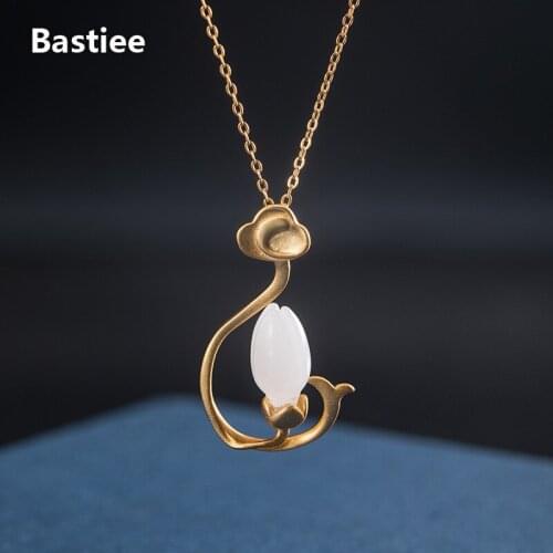 Bastiee 925 Sterling Silver Necklace Magnolia Flower Jade Pendant Luxury Jewelry For Women Auspicious Cloud Chinese Gold Plated