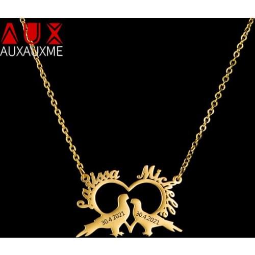 Auxauxme Personalized Stainless Steel Lovebirds Names Necklace Romantic Engrave Date ID Custom Jewelry For Women Wife Gifts