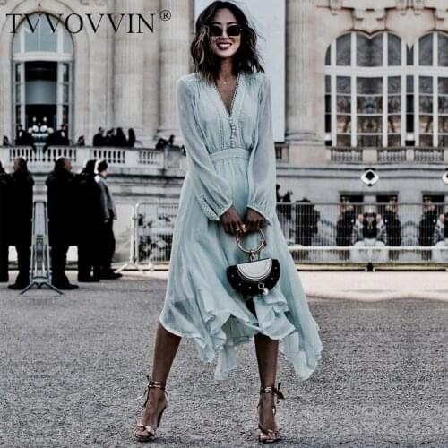 TVVOVVIN New Sping Autumn Vintage Buttons V-neck Lantern Sleeve Women Dress2020 Irregular Chiffon Pleated Midi Dress Female V748