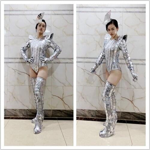 Q23 Singer stage dance costumes silver mirror female bodysuit long sleeve mirror glass gloves dj wear party outfit bar dress ds