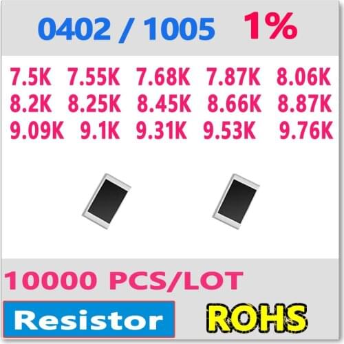 OHM 0402 F 1% 10000pcs 7.5K 7.55K 7.68K 7.87K 8.06K 8.2K 8.25K 8.45K 8.66K 8.87K 9.09K 9.1K 9.31K 9.53K 9.76K smd 1005 Resistor