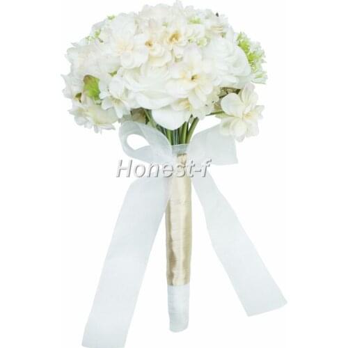 Hand Tie Fresh Style Artificial White Rose Flower Bouquet for Wedding Home Party Decor with Men Groom Corsage