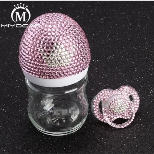 MIYOCAR Bling Bling Luxurious pink and white crown 120ml glass Feeding Bottle and bling crown pacifier for baby shower gift