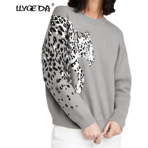 Leopard Head Print Knitted Womens Sweater O-Neck Long Sleeve Loose Casual Sweaters Woman Pullover 2021 Autumn Winter New Top
