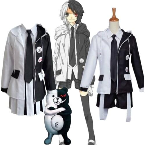 Super Danganronpa Monokuma Hoodie Halloween Cosplay Costume Adult Black And Back Hoodied Jacket Shirt Shorts Skirt Tie