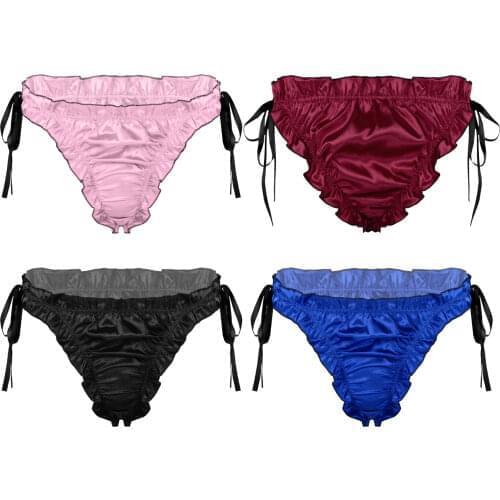Satin Briefs Panties Men Low Rise Ruffles Breathable Soft Lace-Up Pleated Trim Plus Size Underpants Underwear Wedding Honeymoon