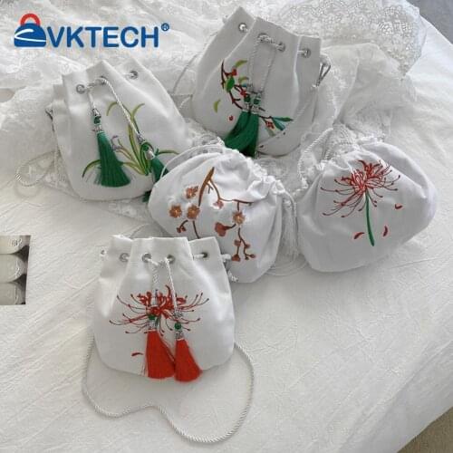 Women Embroidery Shoulder Crossbody Bag Lady Chinese Style Canvas Flower Plant Embroidery Bucket Tassel Drawstring Handbag