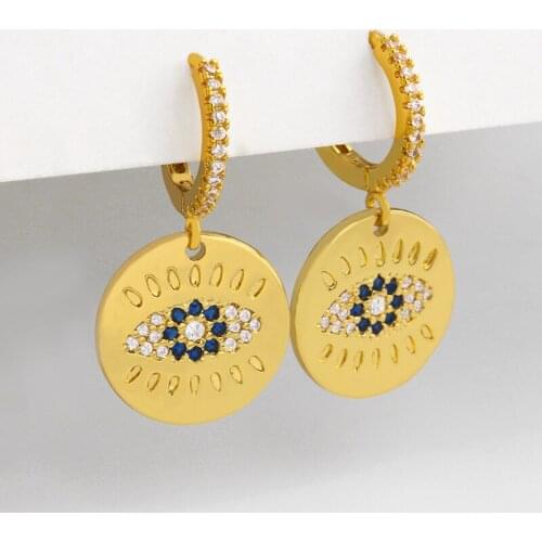 FLOLA Crystal Round Evil Eye Earrings For Women Cubic Zirconia Gold Eye Earrings Dangle Huggie Protection Jewelry Gifts ersu81