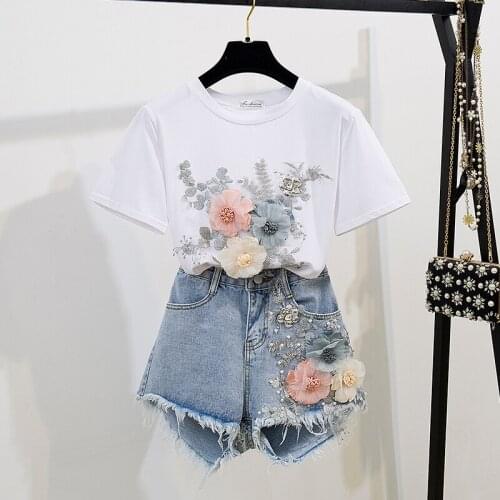 Women Cotton T-Shirt Tops + Short Jeans 2 Piece Sets Summer 3D Flowers Beading Suits Casual High Waist Denim Shorts Set