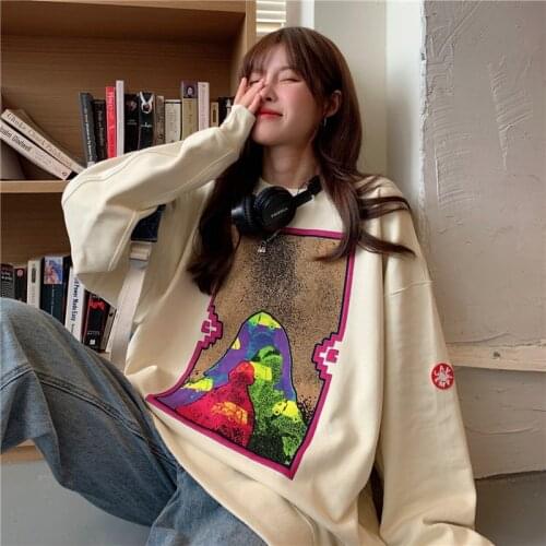 Picture Frame Printing Round Neck Sweater Long Sleeve Women Hoodies Sweatshirt