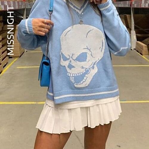 Missnight Skull Sweater Graphic Pullover Woman Sweaters Long Sleeve Top V Neck Gothic Stitching Fall Winter Clothing