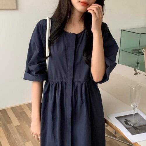 2021 New Women Oversized Casual Long Shirt Dress Round Collar Half Sleeve Loose A-line Maxi Sundress Solid Color