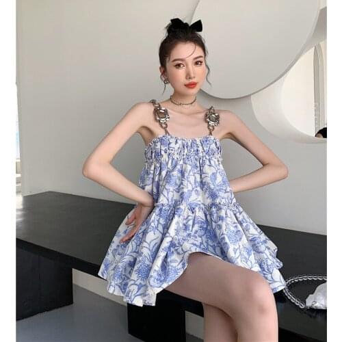 Korean 2021 Summer New Spaghetti Strap A-Line Puff Dress Vintage Cute Floral Porcelain Print Temperament Dress Women