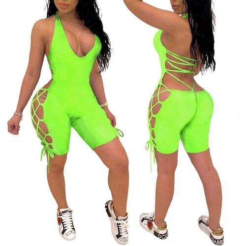 80% Hot Sales!!! Women Solid Color Sexy Backless Sleeveless Deep V Halter Romper Lace-up Jumpsuit