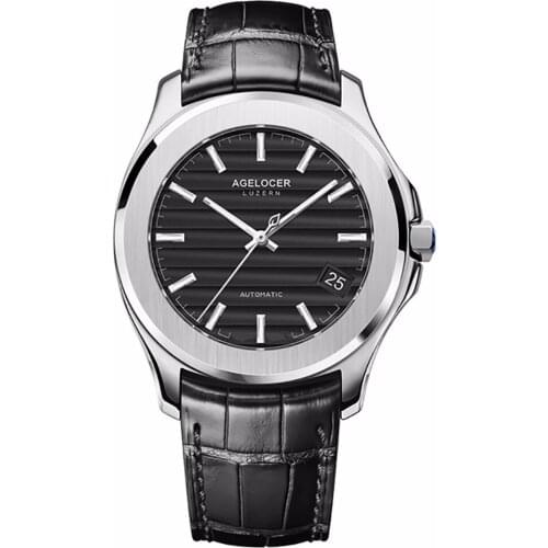 Agelocer Fashion Dress Watches Genuine Leather Strap Stainless Steel Analog Automatic Watches Luminous Watches with Date 6302A1
