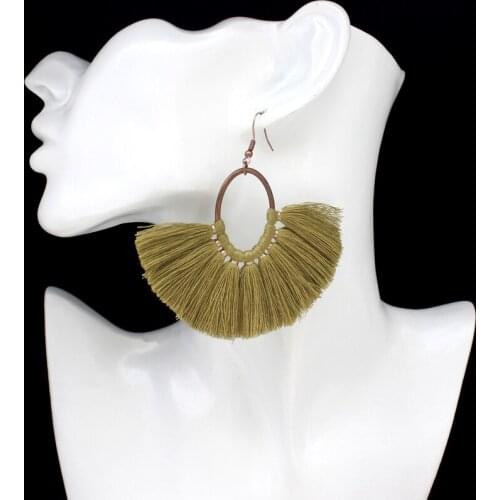 Bohemian Vintage Elliptical Ethnic Style Tassels Woven Fan-shaped Patterns Earrings For Women Fashion Big Fringe Earrings