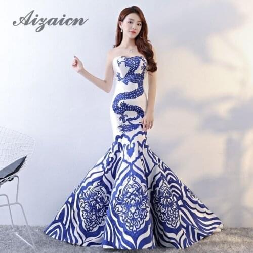 Black Fashion Dragon Printing Cheongsam Long Evening Dresses Qi Pao Women Mermaid No Shoulder Stage Gown Chinese Dress Qipao