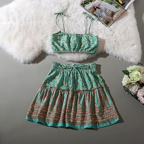 Cthink Summer 2020 Flower Two Piece Set Green Print Crop Top Women With Skirt Elegant Holiday Floral Print 2 Piece Set Women