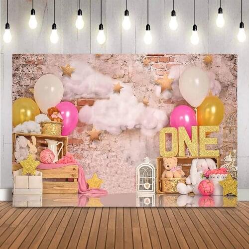 1st Birthday Cake Smash Newborn Children Backdrop for Photography Rabbit and Bear Toys Gold Stars Photo Background Studio Props