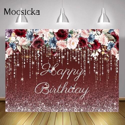 Floral Purple Adult Birthday Backdrop Flowers Sliver Glitter Photo Shoot Navy Blue Happy Birthday Party Background Decoration