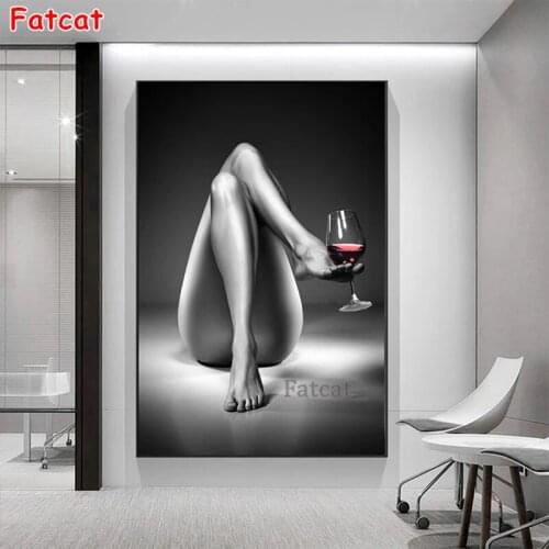 Black white Sexy Nude Woman Red Wine 5d diy diamond painting cross stitch full drill diamond embroidery gift home decor PP2146