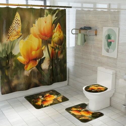 Shower Curtain with Bath Mats Set Non-slip Bathroom Rug Scenic Printed Toilet Rugs Set Toilet Carpet Machine Washable Bath Mat