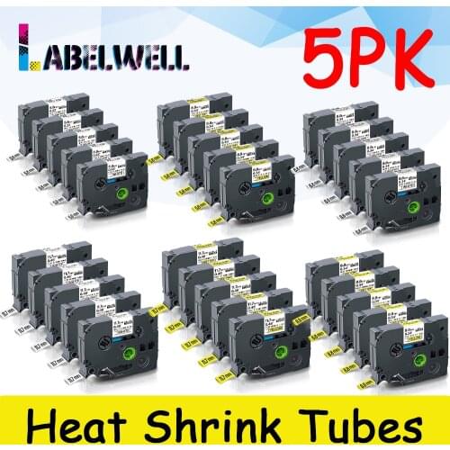 Labelwell 5pcs Heat Shrink Tubes HSe-211 for Brother HSe211 HSe 211 5.8mm labels for Brother P-Touch Label Maker Black on White
