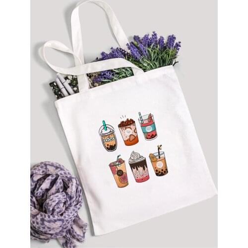 Cute Fashion Shoulder Bag Shopping Bag Drinking Juice Coffee Print Harajuku Girl Casual Tote Bag Fun Summer Shopper Storage Bag