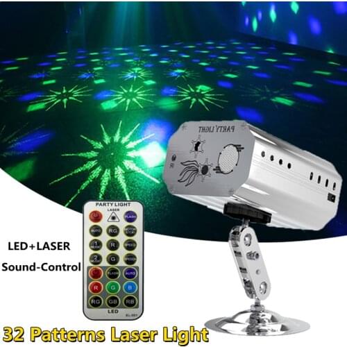32 Patterns Mini DJ Disco Light Party Stage Lighting Effect Voice Control USB Laser Projector Strobe Lamp With Remote For Party