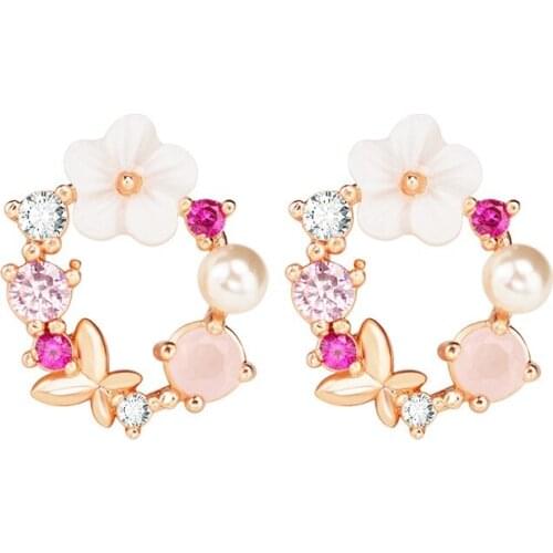 New Korean Fashion Sweet Flower Stud Earrings Gold Plated Bowknot Zircon Pearl Stud Earrings Elegant Girl Party Jewelry