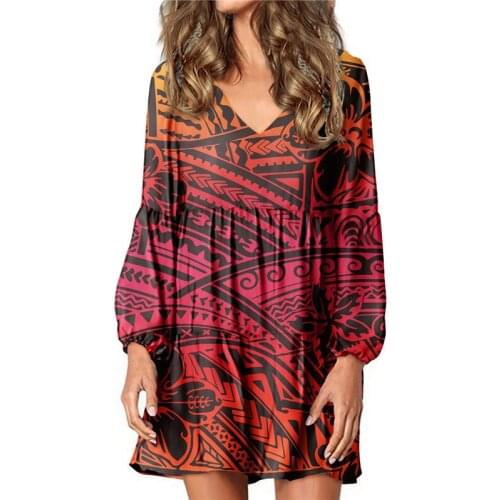 Hycool Wholesale Women Plus Size Loose Pregnant Dress Sexy V-Neck Lantern Sleeves Polynesian Vintage Gradient Stripe Red Dresses