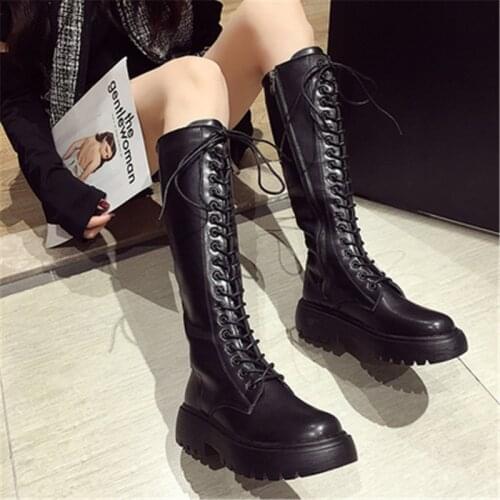 Autumn winter warm thick sole knee high boots women leather elastic Lace up high tube Knight boots British style zip long boots