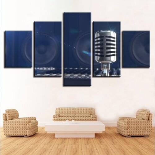 Silver Microphone Recording Studio Canvas HD Prints Posters Home Decor Wall Art Pictures 5 Pieces KIT Paintings No Frame