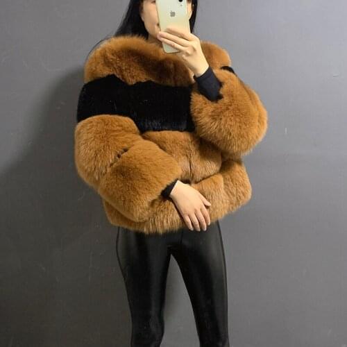 Rf20143 New Design Womens Real Fox Fur Coat Bracelet Sleeve 4 Ring Black Brown