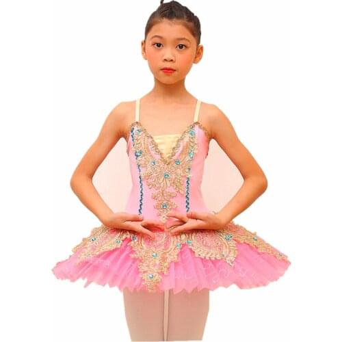 Pink Ballet Dress For Ballerina Tutu Skirts Gold Embroidery Lace Rhinestone Figure Skating Performance Belly Dance Dress