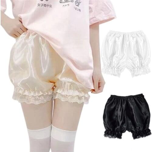 Women Girls Silky Satin Lolita Bloomers Ruffles Lace Trim Maid Loose Pumpkin Pants Solid Color Gothic Security Shorts