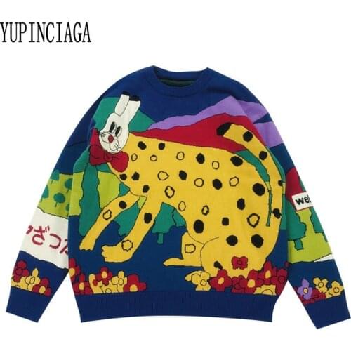 YUPINCIAGA Women Cartoon Wave dot Rabbit Embroidery Knitted Sweaters Winter Thick Warm Harajuku Jacquard Sweater Knit Pullover