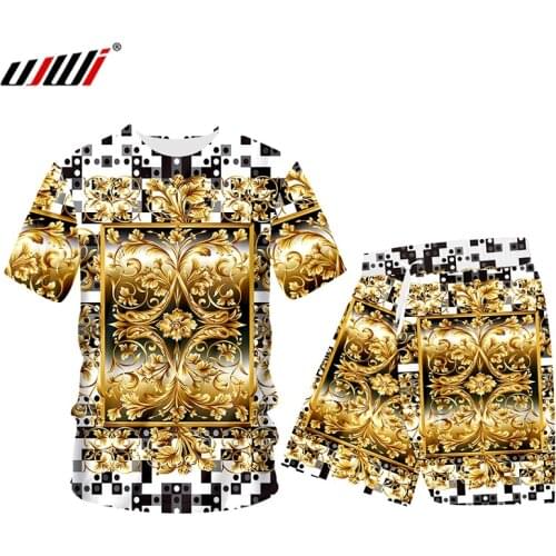 UJWI Summer 2 Piece Set 3D Paint Flower Royal Baroque Short Sleeve Print Tank Tops Shorts Mens Sets Gym Hoodie Tee Set