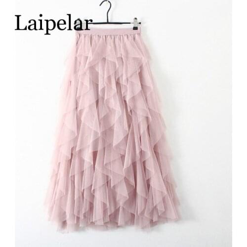 Laipelar Fashion Tutu Tulle Skirt Women Long Maxi Skirt 2019 Spring Summer Korean Black High Waist Pleated Skirt Female