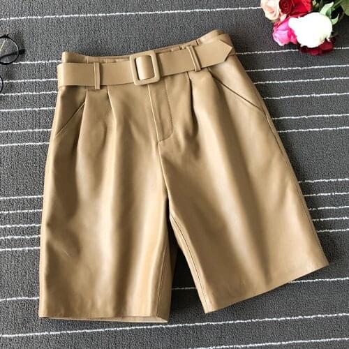 Womens Brand new high quality real leather wide-leg pants Chic belat wide-leg Fifth pants 100% genuine leather pants B004
