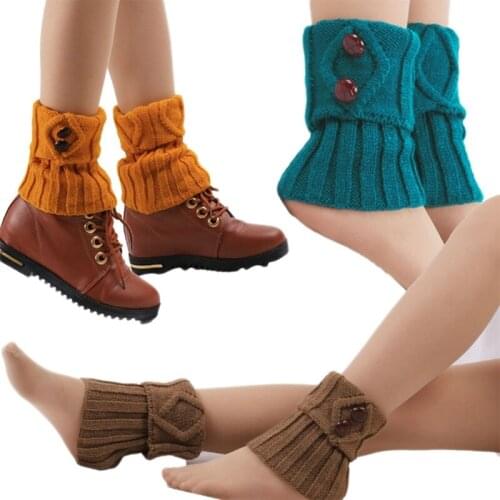 1 Pair Female Short Buttons Leg Warmers Winter Autumn Crochet Cable Knitted Warm Boot Cuffs Solid Color Elastic Gaiters Socks To