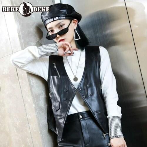 Women Real Leather V-Neck Waistcoat Autumn Winter Designer Short Vest OL Style Fashion Lady Sheepskin Sleeveless Jacket M-3XL