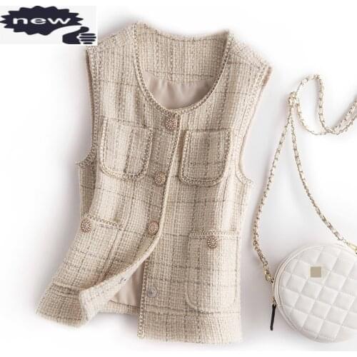 Tweed Vest Women Elegant Multi-pockets Slim Wool Short Coat Single Breasted Plaid Office Lady Sleeveless Jacket Black Waistcoat
