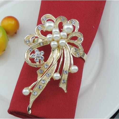 12pcs Gold Flower With Pearl Crystal Beads Napkin Ring Serviette Buckle Holder For Wedding Party Banquet Dinner Decoration